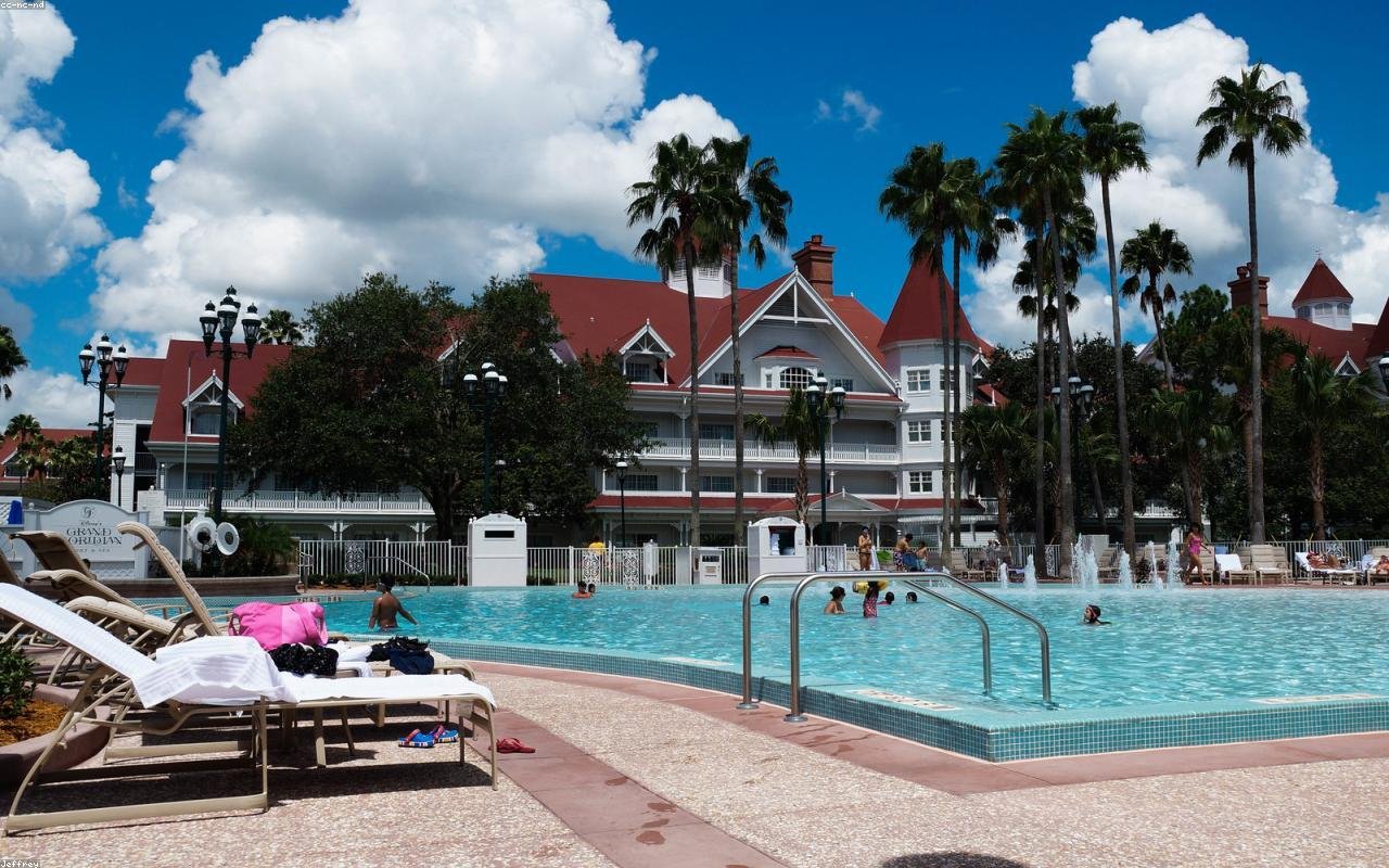 Resort-style swimming pool with palms as backdrop